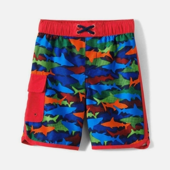 Lands’ End Deep Sea Navy Multicolor Shark Pattern Swim Trunks XL(14S-16S) - Picture 2 of 12